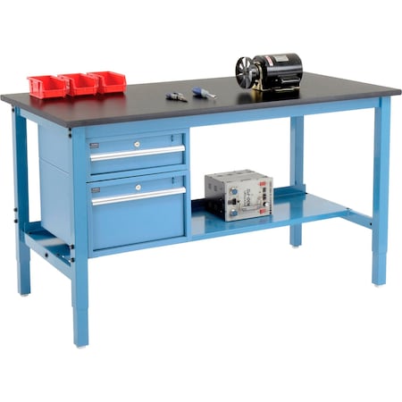 Global Industrial 72 x 30 Production Workbench, Phenolic Safety Edge, Drawers & Shelf Blue 319253BL